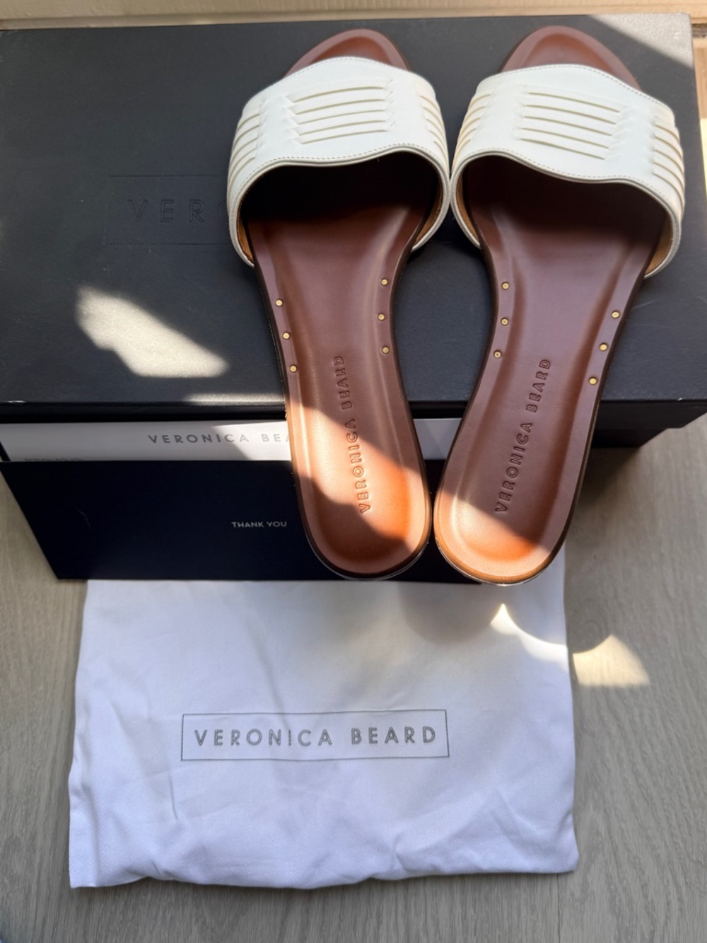 Veronica Beard White Leather Slide sandals with Brown Footbed and Gold Studs